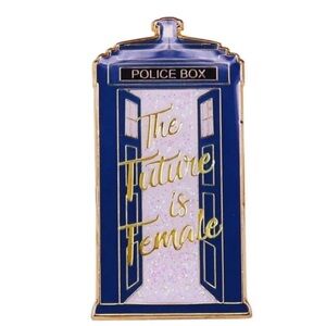 Old Police Box The Future Is Female Enamel Pin, Navy Blue /White Sparkling.